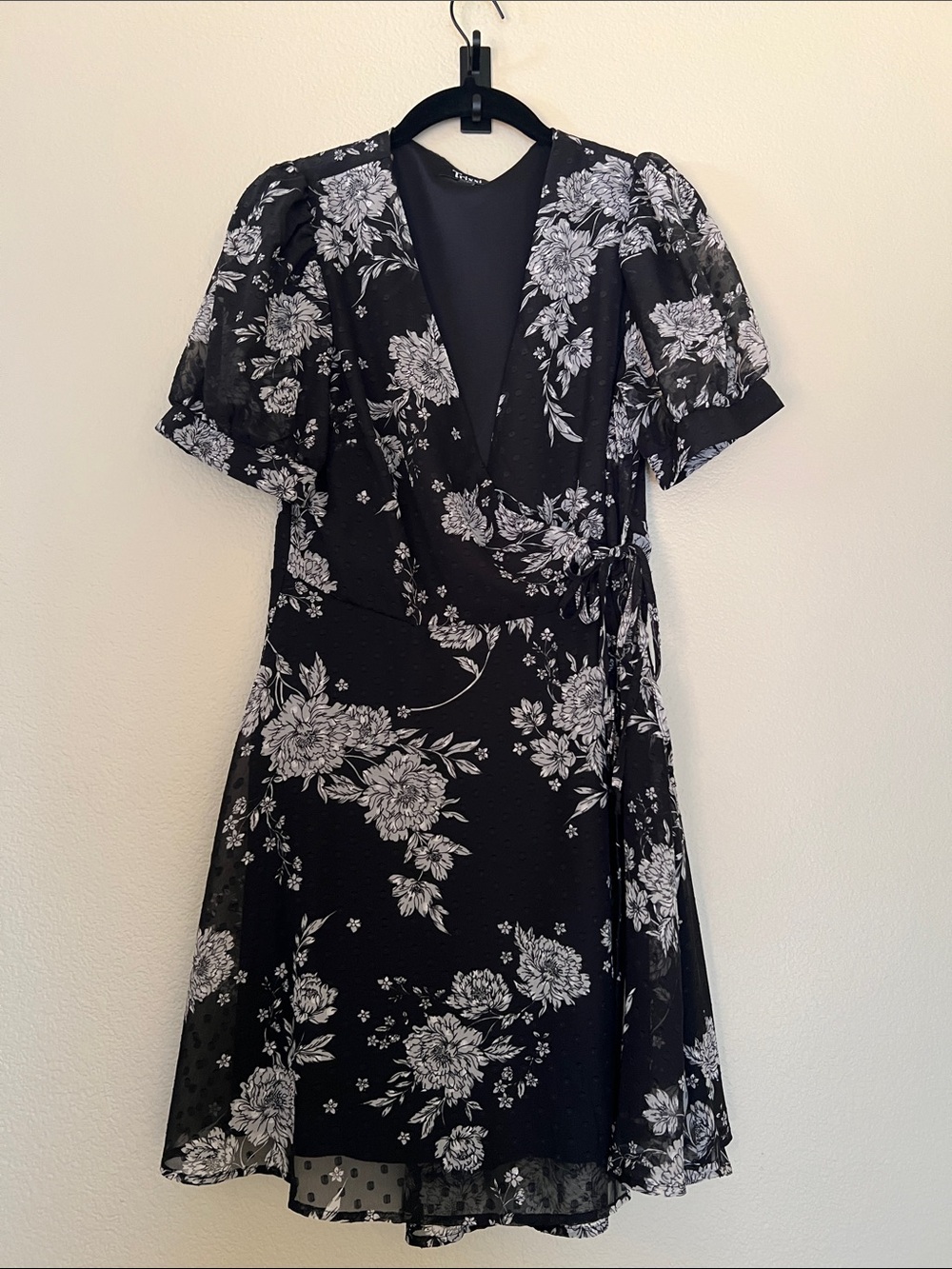 Trixxi Black and White Floral Wrap Dress with Puff Sleeves